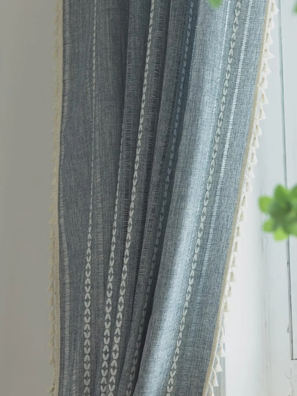 Boho Blue And White Striped Curtain With Fringed Edges- Elegant Window Drape NIB
